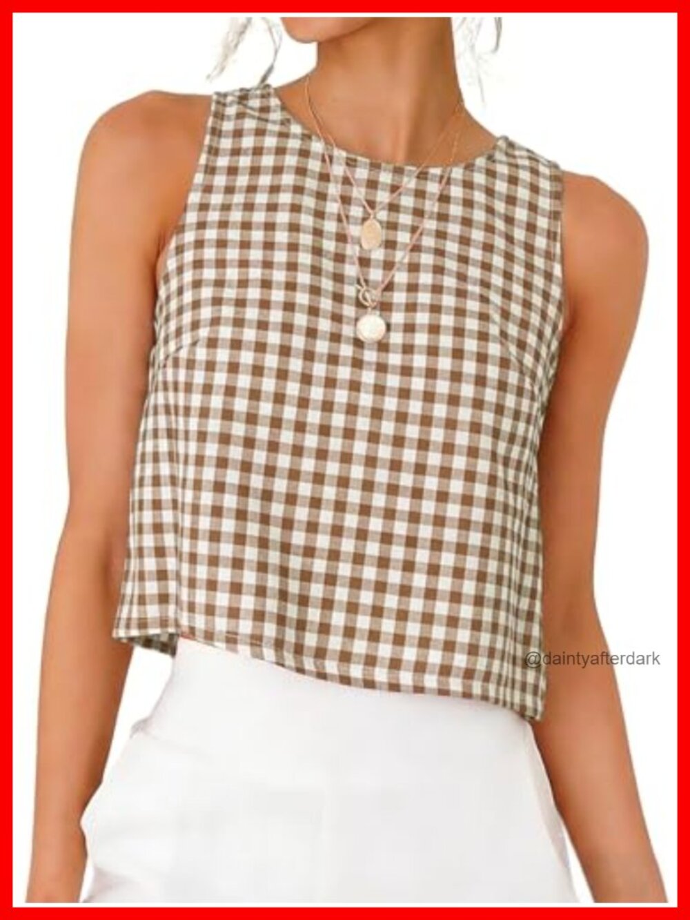 Womens Gingham Plaid Crop Tank Top High Neck Sleeveless Summer